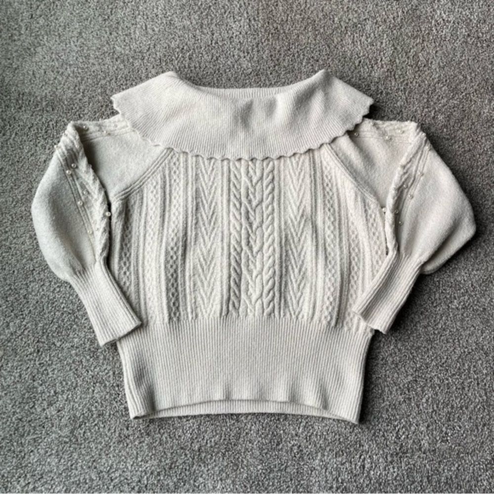Design History Cowl Neck Cable Knit Sweater Women M/L Cream Pearl Balloon Sleeve